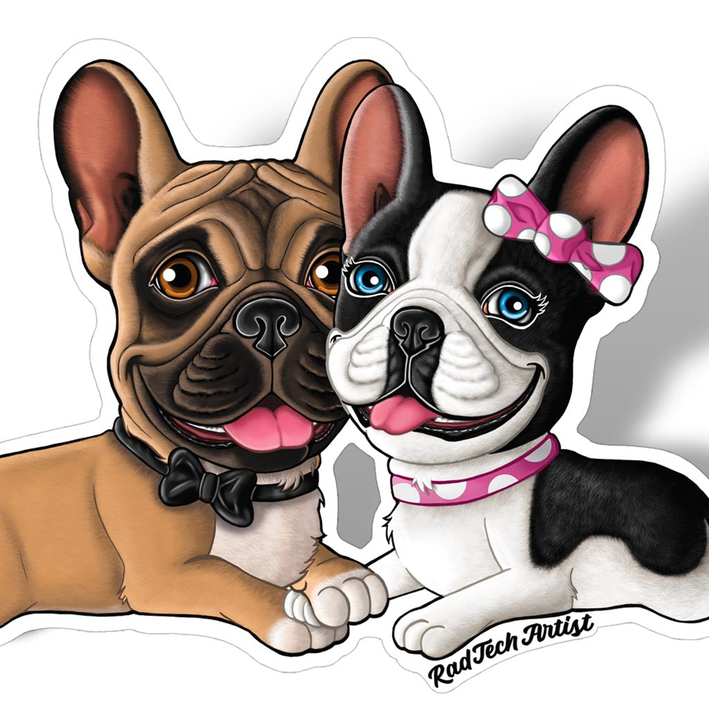 Cute French bulldog couple sticker with a brown male and black-and-white female, ideal for dog lovers and decorative purposes.