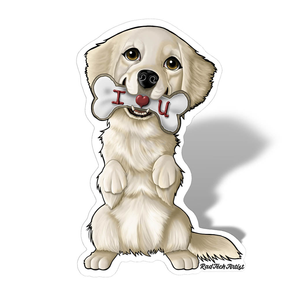 Illustration of a cute cream golden retriever in a lovely golden color, standing on its hind legs holding a bone-shaped sign in its mouth. The sign reads "I ❤ U" with a small heart symbolizing love. The blue-eyed puppy's tail is wagging, casting a shadow on a white background, perfect as a dog sticker.